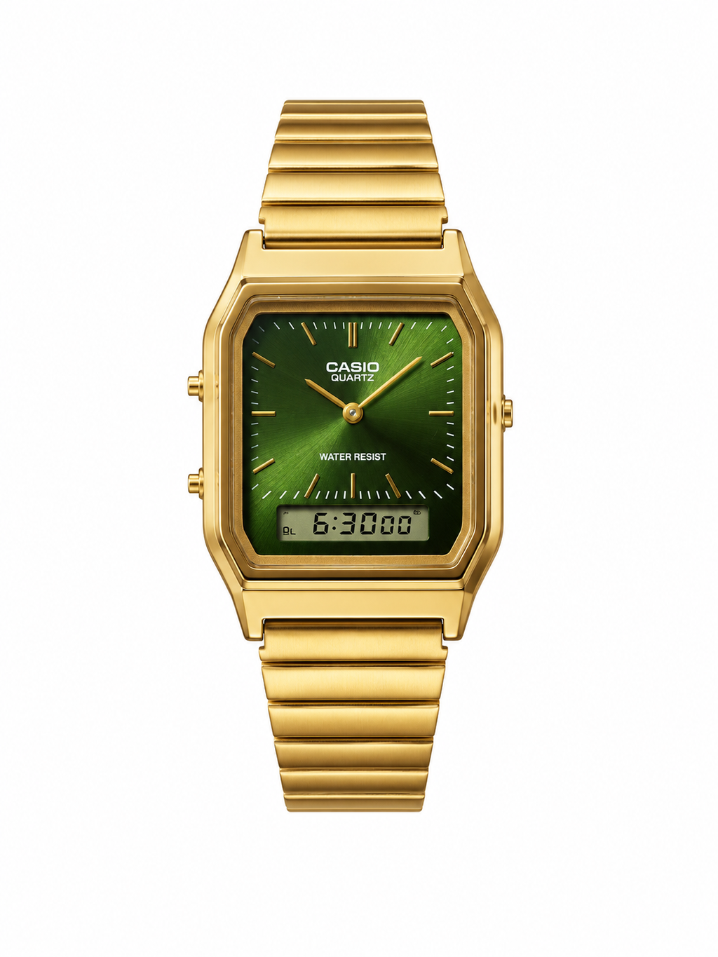 Casio AQ- 230 Anadigital Watch. Gold Plated Stainless Steel Green Dial