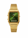 Casio AQ- 230 Anadigital Watch. Gold Plated Stainless Steel Green Dial